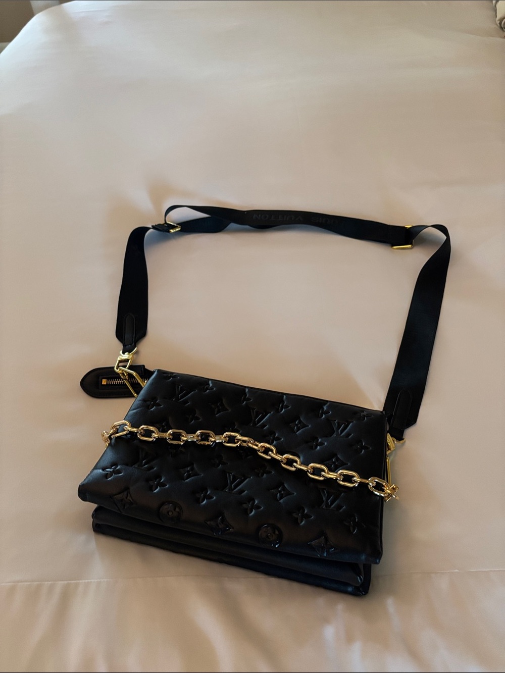 Black Quilted Shoulder Bag with Gold Chain Strap